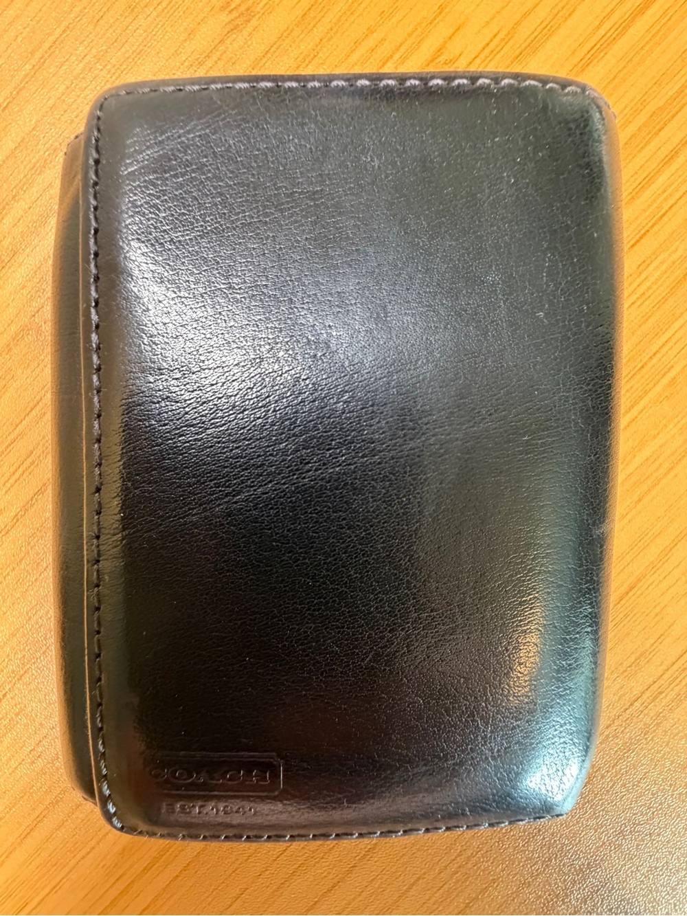 Coach Black Leather Trifold Wallet Embossed Logo Six Card Slots